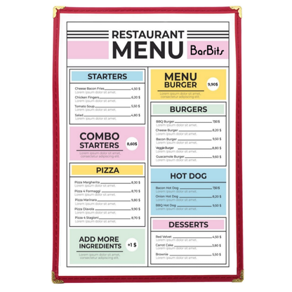 A4 Red American Menu Cover (1 Page 2 Sides)