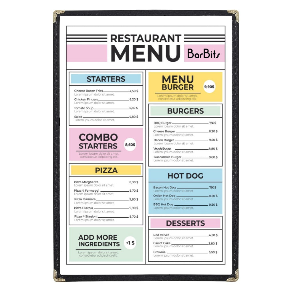A4 Black American Menu Cover (1 Page 2 Sides)
