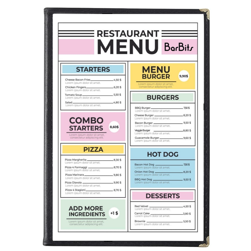 A4 Black American Menu Cover (2 Page 4 Sides)