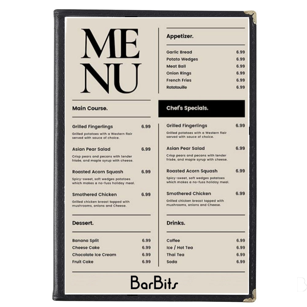 A4 Black American Menu Cover (2 Page 4 Sides)